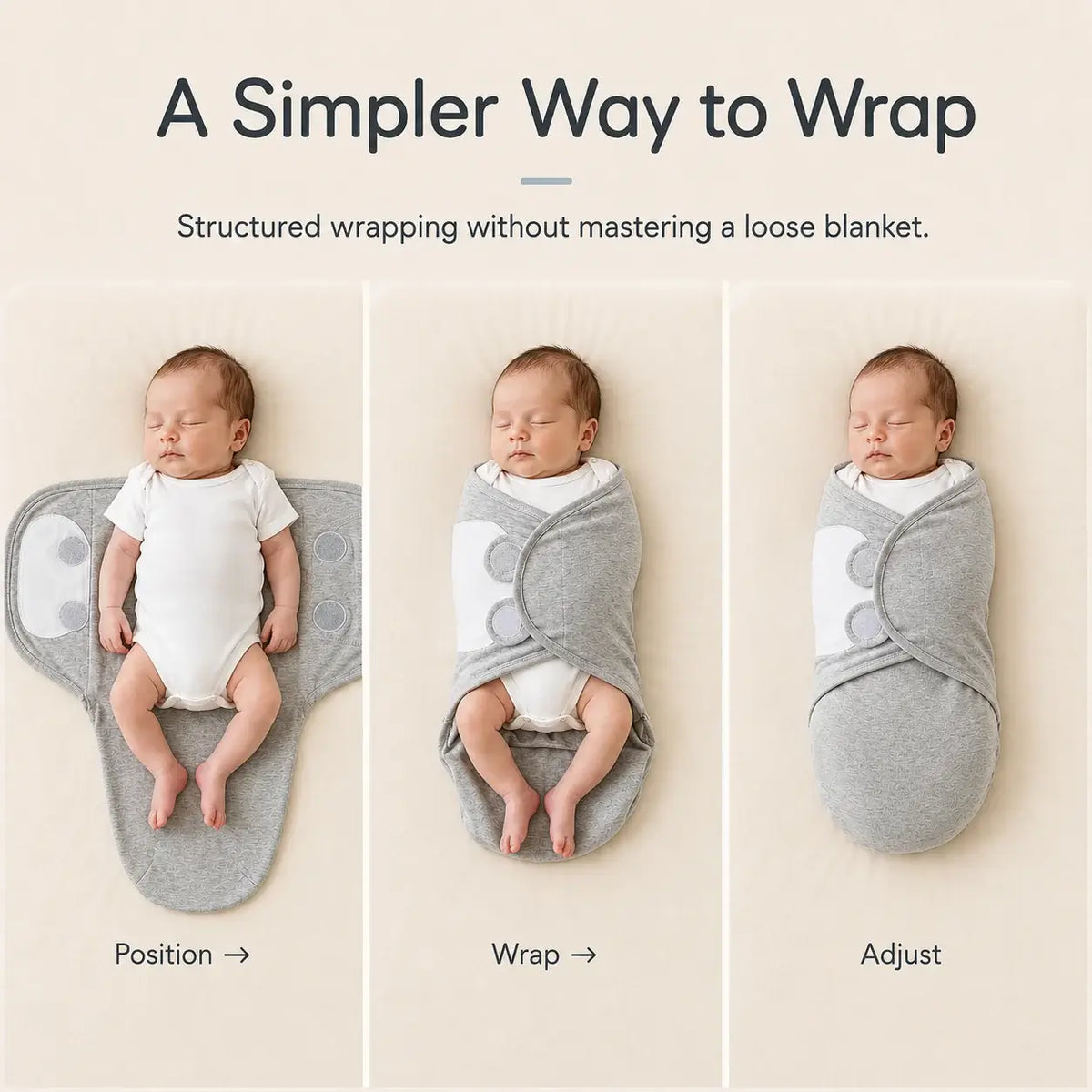 Adjustable Cotton Swaddle showing a simpler way to wrap your newborn with structured fabric.