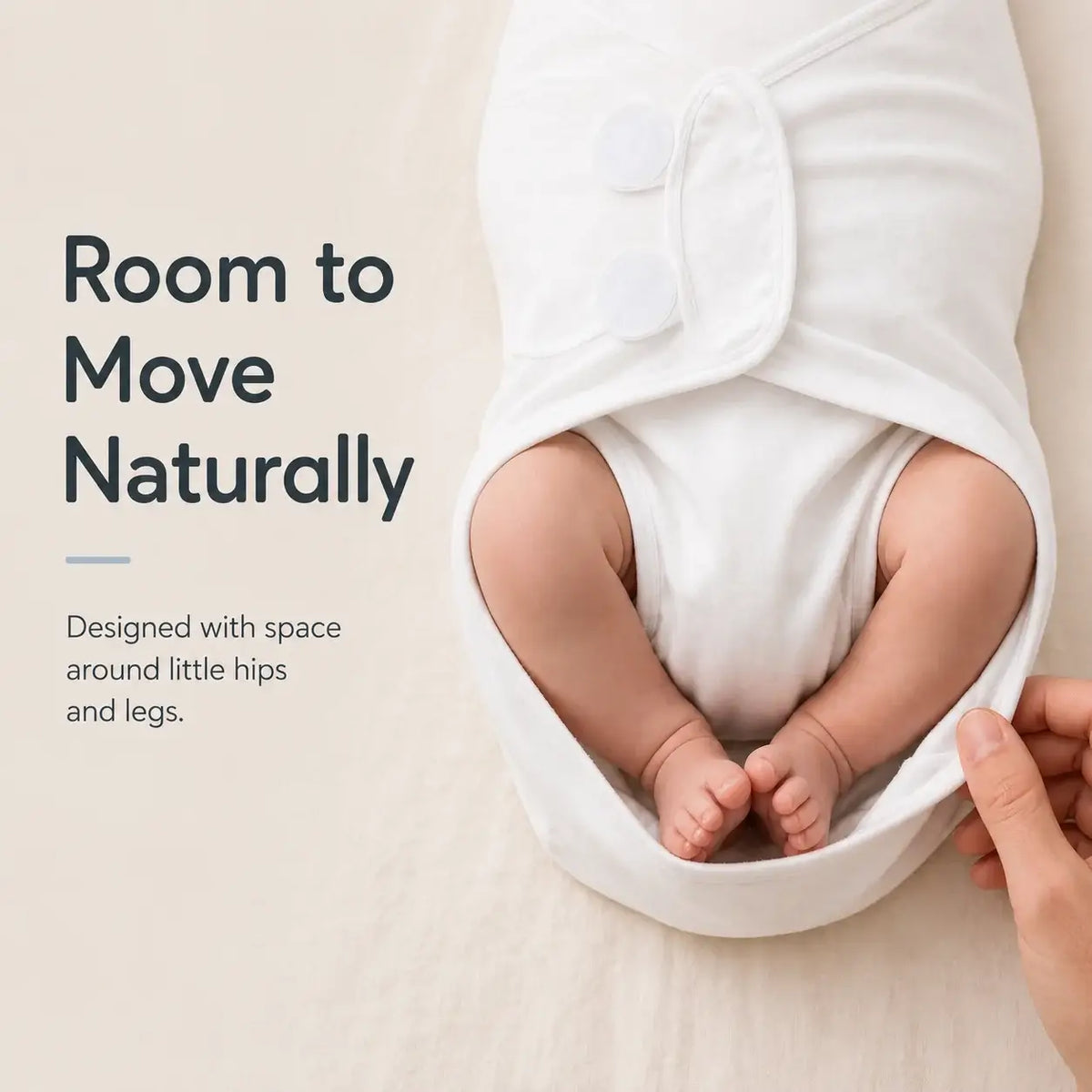 Adjustable Cotton Swaddle with room for baby's legs and hips to move naturally, promoting comfort and security.