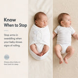 Adjustable cotton swaddle on newborn, showcasing swaddling tips and guidelines for safe sleep.