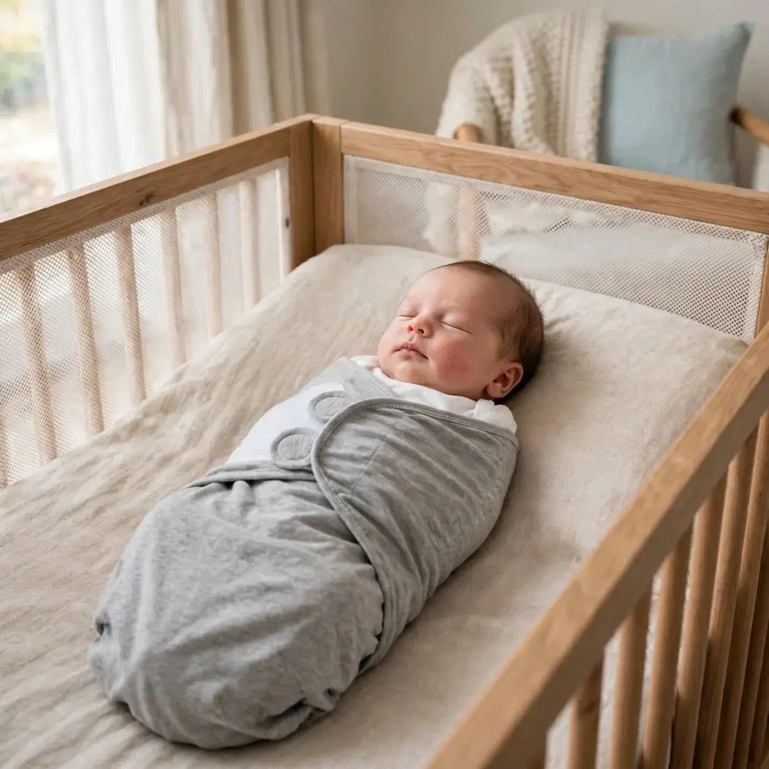 Newborn sleeping peacefully in an adjustable cotton swaddle in a crib.