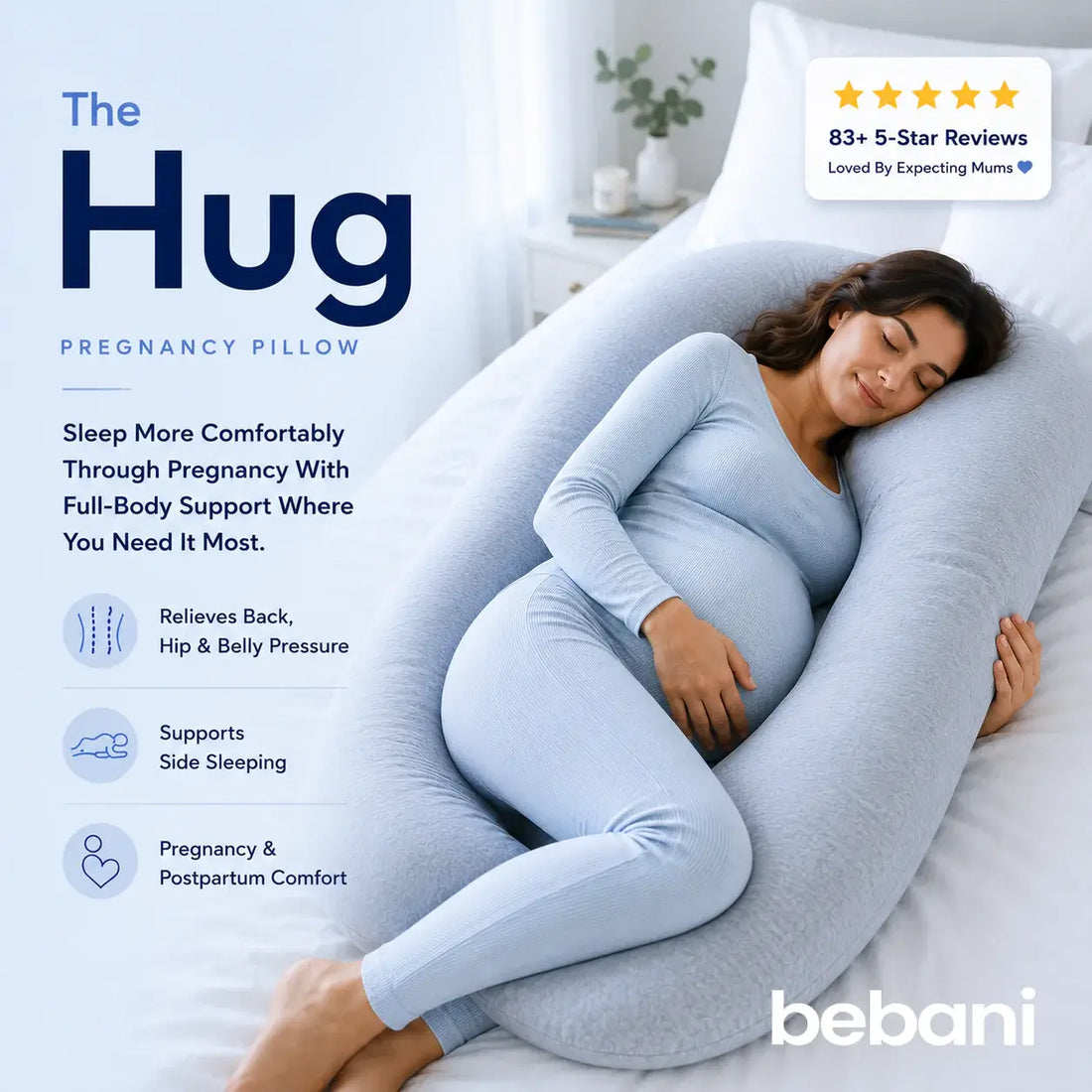 The Hug™ pregnancy pillow offers full-body support for better sleep during pregnancy, relieving hip and back pressure.