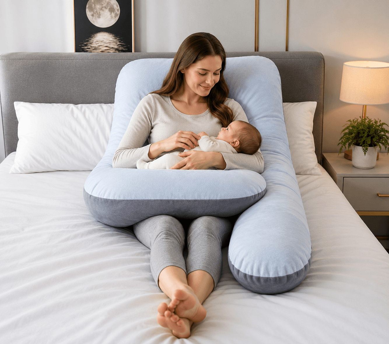 A woman comfortably breastfeeding a baby while using The Hug™ pregnancy pillow on a bed.