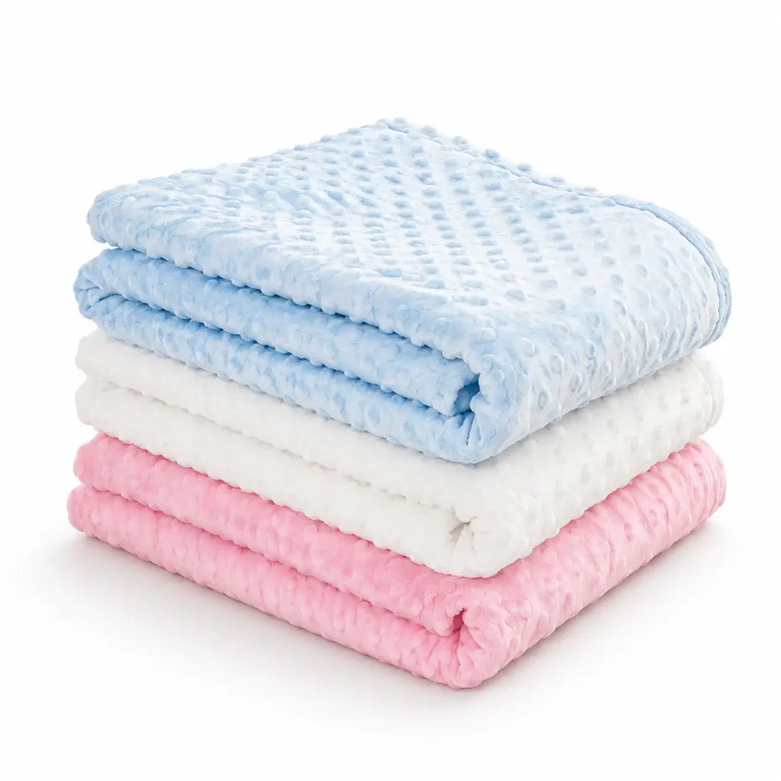 Stack of three folded baby blankets in blue, white, and pink on a white background