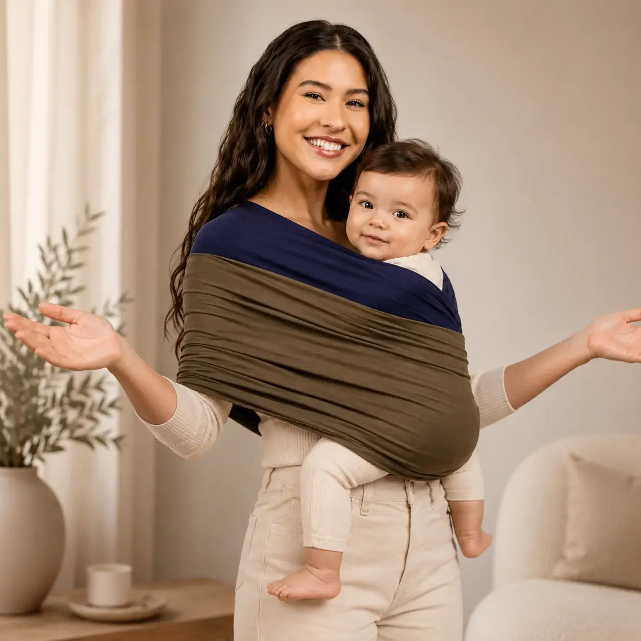 Parent using a baby wrap carrier to hold a baby securely and comfortably.